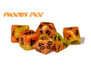 Dice Gate Keeper Games - Halfsies Dice - Firey Orange and Phoenix Tail Yellow - Phoenix - Set of 7 - Cardboard Memories Inc.