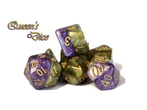 Dice Gate Keeper Games - Halfsies Dice - Royal Purple and Soft Gold - Queen's Dice - Set of 7 - Cardboard Memories Inc.