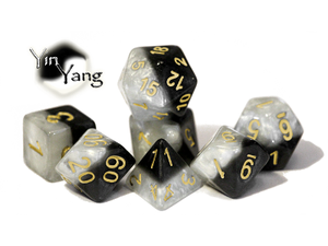 Dice Gate Keeper Games - Halfsies Dice - Black and White with Gold - Yin-Yang - Set of 7 - Cardboard Memories Inc.