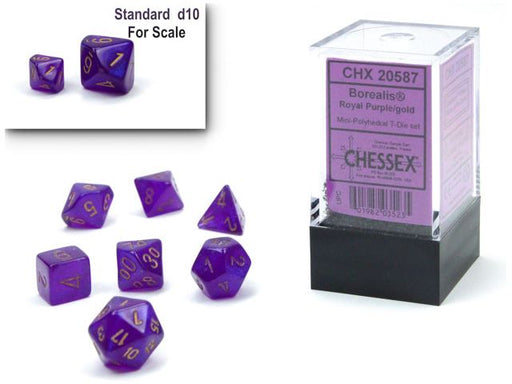Dice Chessex Dice - Mini Borealis Royal Purple with Gold - Set of 7 - CHX 20587 - Cardboard Memories Inc.