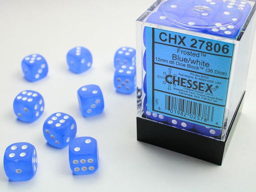 Dice Chessex Dice - Frosted Blue with White - Set of 36 D6 - CHX 27806 - Cardboard Memories Inc.