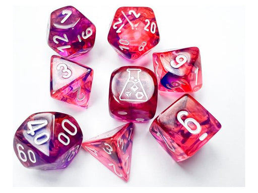 Dice Chessex Dice - Lab Dice - Heavy 7-Die Set - Black Light Special/White Luminary - Cardboard Memories Inc.