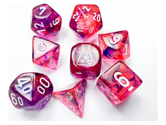 Dice Chessex Dice - Lab Dice - Heavy 7-Die Set - Black Light Special/White Luminary - Cardboard Memories Inc.
