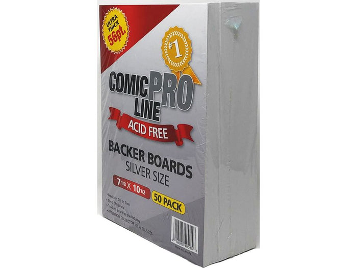 Supplies Comic Pro Line - Silver Backer Boards - 56pt Super Strong - Acid Free - 7 1/8 x 10 1/2 - Package of 50 - Cardboard Memories Inc.