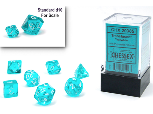 Dice Chessex Dice - Mini Translucent Teal with White - Set of 7 - CHX 20385 - Cardboard Memories Inc.