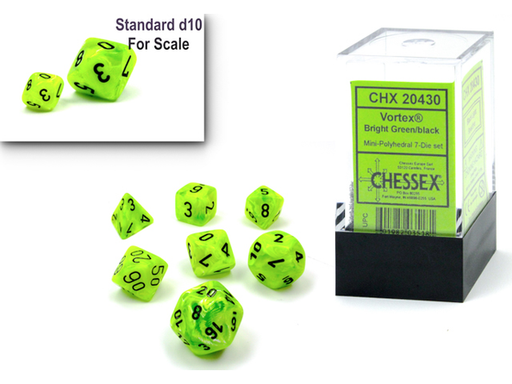 Dice Chessex Dice - Mini Vortex Bright Green with Black - Set of 7 - CHX 20430 - Cardboard Memories Inc.
