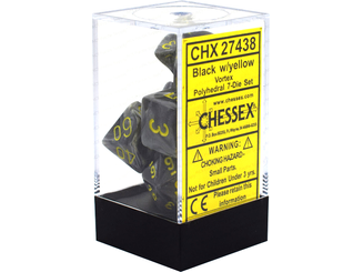Dice Chessex Dice - Vortex Black with Yellow - Set of 7 - CHX 27438 - Cardboard Memories Inc.